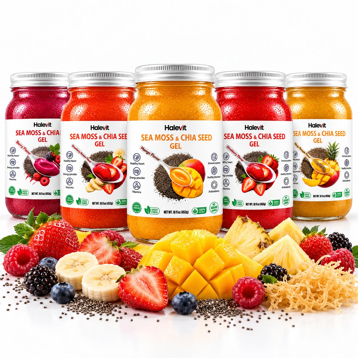 Пять баночек с манго и свежими ягодами Sea Moss & Chia Seed – Premium 5-Flavor Bundle (16oz Jars) - Image 1