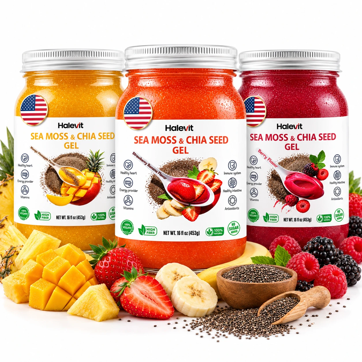 Три вкуса Halevit с фруктами Halevit Sea Moss & Chia Gel Trio – 3 Superfood Flavors in One Pack - Image 1